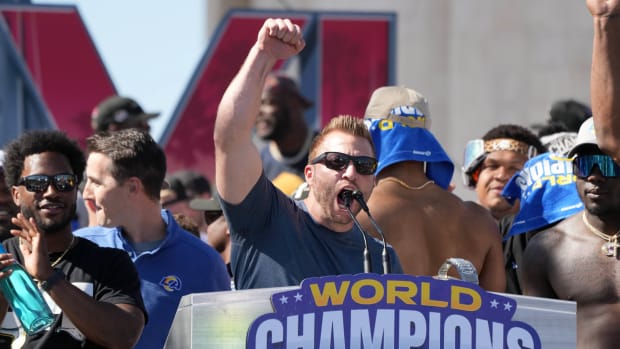 Feb 16, 2022; Los Angeles, CA, USA; Los Angeles Rams coach Sean McVay during the Super Bowl LVI championship rally at the Los Angeles Memorial Coliseum. Mandatory Credit: Kirby Lee-USA TODAY Sports